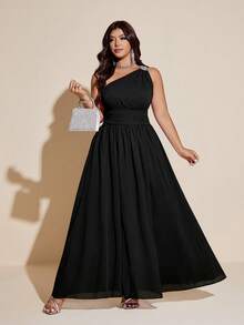 Viva Relle Vestido elegante de talla grande con hombro asimétrico, decoración de strass, fruncido y abertura alta - Negro - Ver 5