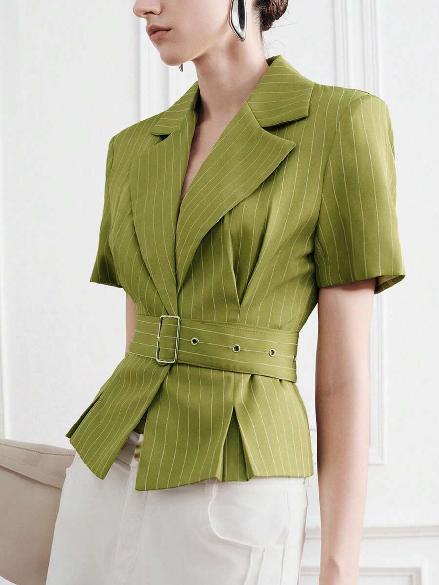 Aveloria Modichic Áo blazer ngắn tay sọc xanh ô liu cho nữ, dáng ôm eo định hình, phong cách tối giản đô thị sang trọng, đa năng cho đi làm & đi chơi - màu xanh lá - Xem 1
