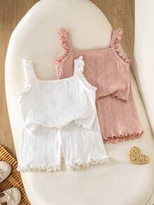SHEIN 两件套女童纯色荷叶边吊带背心和短裤套装 - 彩色 - 查看 3