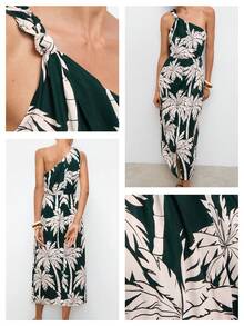 Maija Women's Palm Tree Print Sleeveless Split Hem Midi Dress, Vacation Style, Vacation Outfits,Summer Holiday Outfits Dark Green Casual Tropical Vacation - Dark Green - View 3