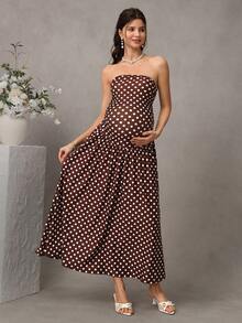 Momance Đầm bầu quây dáng chữ A họa tiết chấm bi - Màu nâu  Mocha - Xem 3