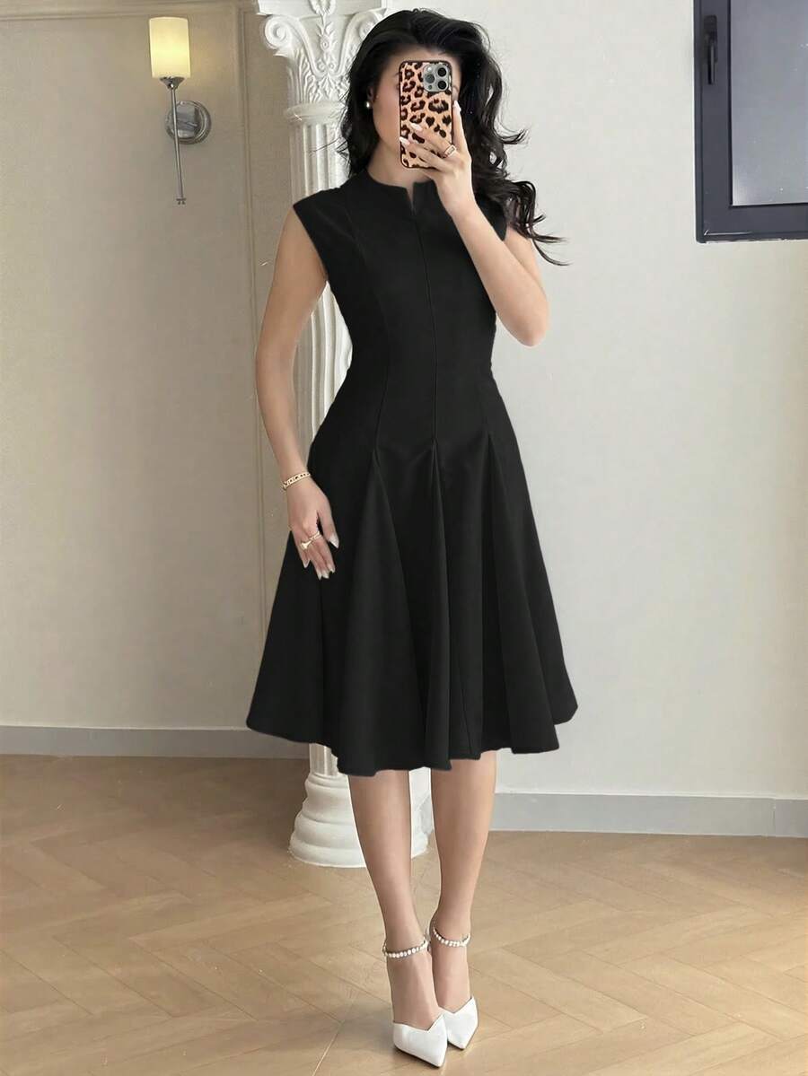 Feyla Women's Solid Color Notched Neck Elegant Short Dress, Spring/Summer Office Black - Black - View 1