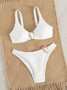 Swim Chiccia Plain All White Textured Bikini Set, Adjustable Strap, Metal Decor, Removable Padded Cup - White - View 1