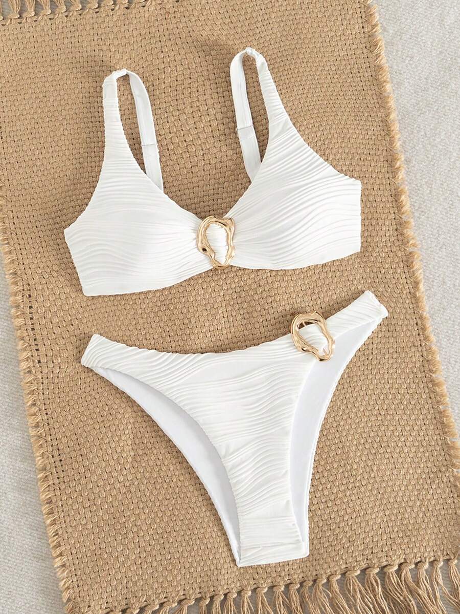Swim Chiccia Plain All White Textured Bikini Set, Adjustable Strap, Metal Decor, Removable Padded Cup - White - View 1