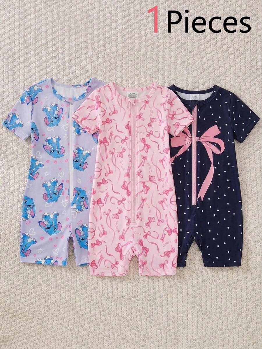 1pc Girls' Stitch Cartoon Jumpsuit,Soft Purple & Pink,Summer Cute Holiday Home Wear,All-Over Heart Print,Front Zipper Polyester Snug Fit - Multicolor - View 1