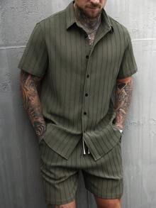 SLATEMANN 加大码男士提花条纹短袖衬衫和短裤套装 - 軍綠色 - 查看 4