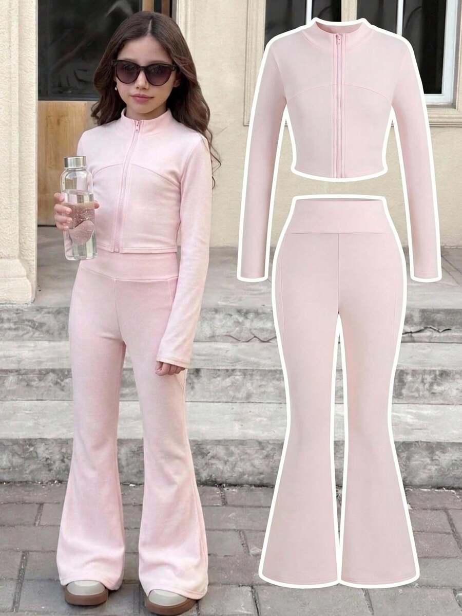 SHEIN Tween女孩2件式街頭風修身套裝,拉鍊夾克與高腰喇叭褲,修身夾克配拉鍊細節,女孩拉鍊夾克與喇叭褲套裝,粉色春季風格,適合日常、運動、休閒、學校、網球、瑜珈等場合 - 粉色 - 查看 1