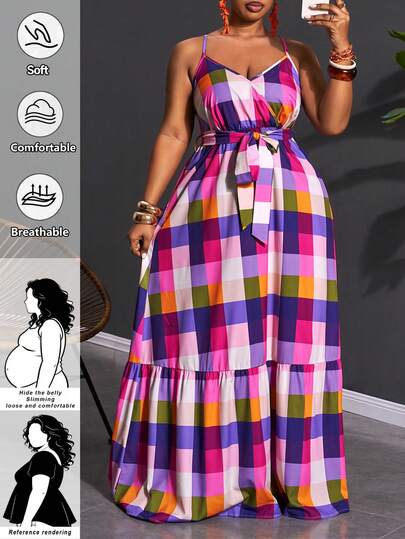 SHEIN CURVE+ Plus Size Women Plaid Patchwork Ruched Casual Party Slip Dress