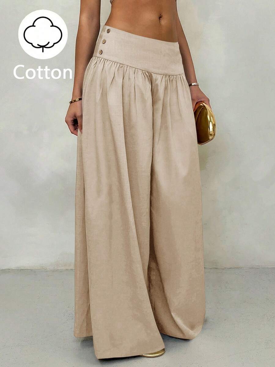 Glamine Quần ống rộng cạp thấp kiểu cổ điển, dáng suông tôn dáng, màu cà phê, chất liệu cotton nguyên chất, thích hợp cho kỳ nghỉ, mặc thường ngày và mùa hè. - Màu Khaki - Xem 1