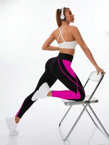 Exploreva High Waist Seamless Color Block Sports Leggings Yoga Women Pants - Multicolor - View 7