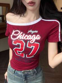 Joudiya 女款不對稱肩短袖休閒街頭風印花T恤，夏季開學學生百搭酒紅色圖案Y2K短袖上衣 - 酒紅色 - 查看 8