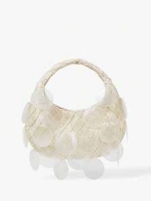 Viva Strut Ladies, Women Circular Imitation Seashell Mesh Top Handle Bags, Fashionable, Simple, Personalized, Versatile, For Beach, Vacation, Holiday, Summer, Seaside, Beach Party - Beige - View 4