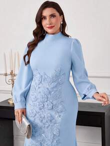 Modelyn 大尺碼女款極簡優雅收腰修身洋裝，秋季婚禮晚宴正式穿著，淺藍色 - 藍色 - 查看 6