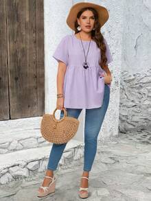 EMERY ROSE Plus Size Striped Print Round Neck Casual Short Sleeve Tunic Tops Dressy Blouses , Suitable For Summer - Purple - View 3