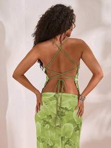 Opulessa Solid Color Beaded Embroidered Backless Blouse For Women,Summer Top - Lime Green - View 2
