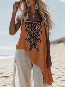 SHEIN Contrast Color Trim Sleeveless Ruffled Hem Summer Dress For Middle-Aged & Elderly Women - Orange - View 4