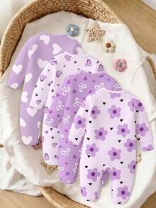 SHEIN Vintaside Kids [買4送1] 紫色花卉、愛心與蝴蝶結印花嬰兒連身褲，柔軟面料適用於春/夏，嬰兒長袖連身褲、休閒褲、睡衣，可愛時尚紫色愛心 - 彩色 - 查看 2
