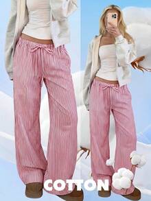 CovetEZ Este pantalón con rayas rojas es de estilo de moda, con una alta relación calidad-precio, muy adecuado para uso casual, vacaciones, uso en el hogar y en la playa. - Rojo - Ver 1