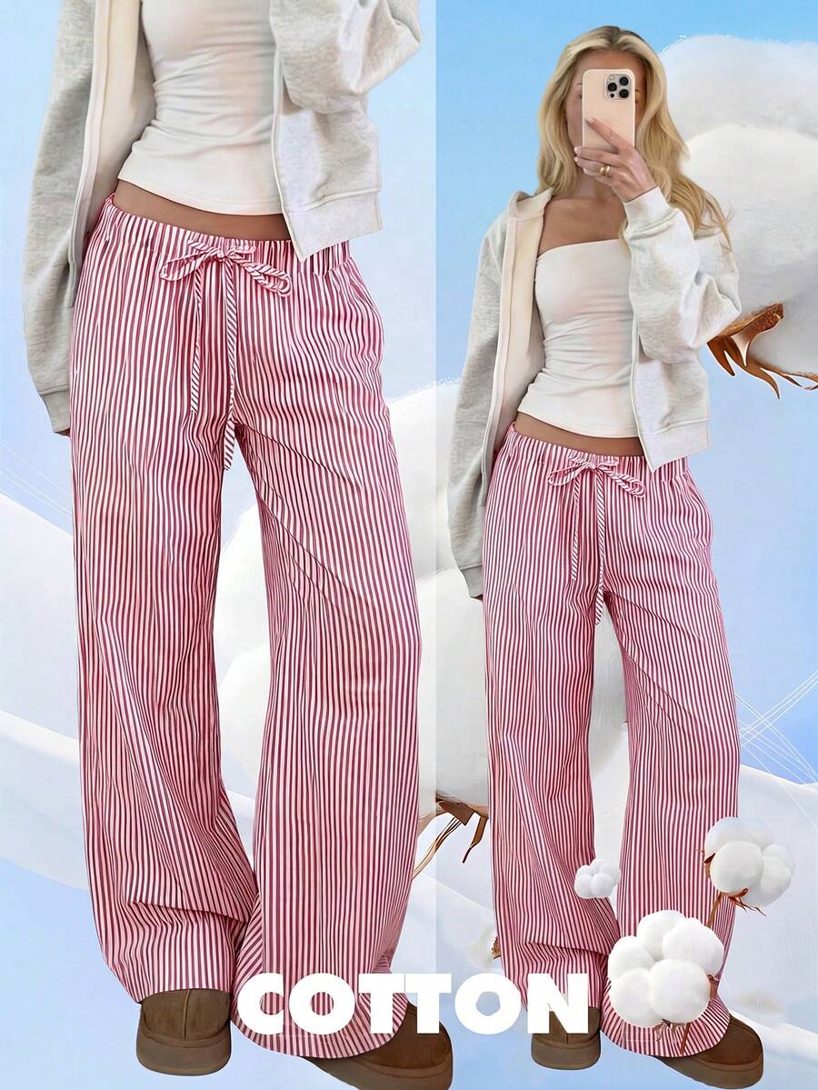 CovetEZ Este pantalón con rayas rojas es de estilo de moda, con una alta relación calidad-precio, muy adecuado para uso casual, vacaciones, uso en el hogar y en la playa. - Rojo - Ver 1