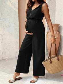 SHEIN Mono informal de maternidad de unicolor para el verano - Negro - Ver 1