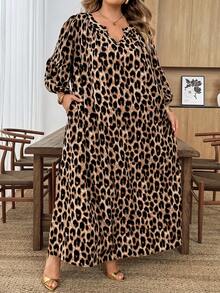 SHEIN CURVE+ Women's Plus Size Leopard Print V-Neck Dress, Chocolate Brown Bohemian Boho Vacation Casual Elegant Loose Robe Autumn Fall - Multicolor - View 8