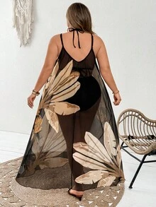 SHEIN CURVE+ 大码女式休闲热带沙滩度假宽松无袖印花长款罩衫 - 黑色 - 查看 2