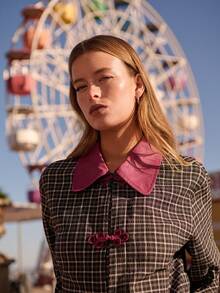 Nöista Plaid Shirt With Fuchsia Collar. Fall, Office Wear, Brunch, Casual Chic Style. - Black - View 4