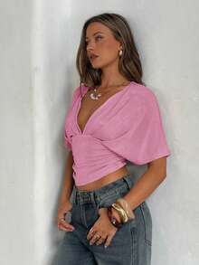 Aloruh Apricot Deep V Ruched Short Sleeve Tight Fitted Women T-Shirt - Lilac Purple - View 6