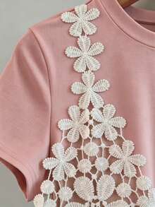 Franclia Plus Size Women 2 In 1 Applique Contrast Color Round Neck Short Sleeve T-Shirt - Pink - View 5
