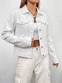 SHEIN EZwear Women's Casual Single-Breasted Long Sleeve Pocket Denim Jacket - White - View 6