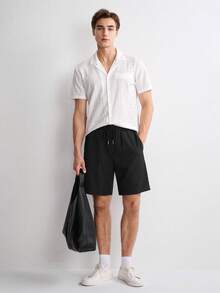 RONVEXI Men's Casual Plain Color Drawstring Shorts, Holiday - Black - View 7