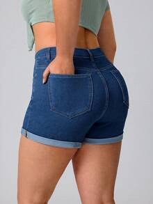 SHEIN Essnce Plus Size Women Dusty Blue Denim Elastic Sexy Fashion Shorts Date Night Summer - Medium Wash - View 6
