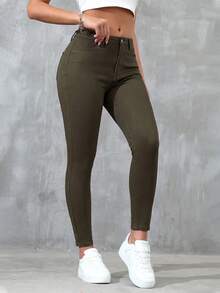 SHEIN Essnce Solid Color Slant Pocket Skinny Casual Everyday Jeans - Army Green - View 1