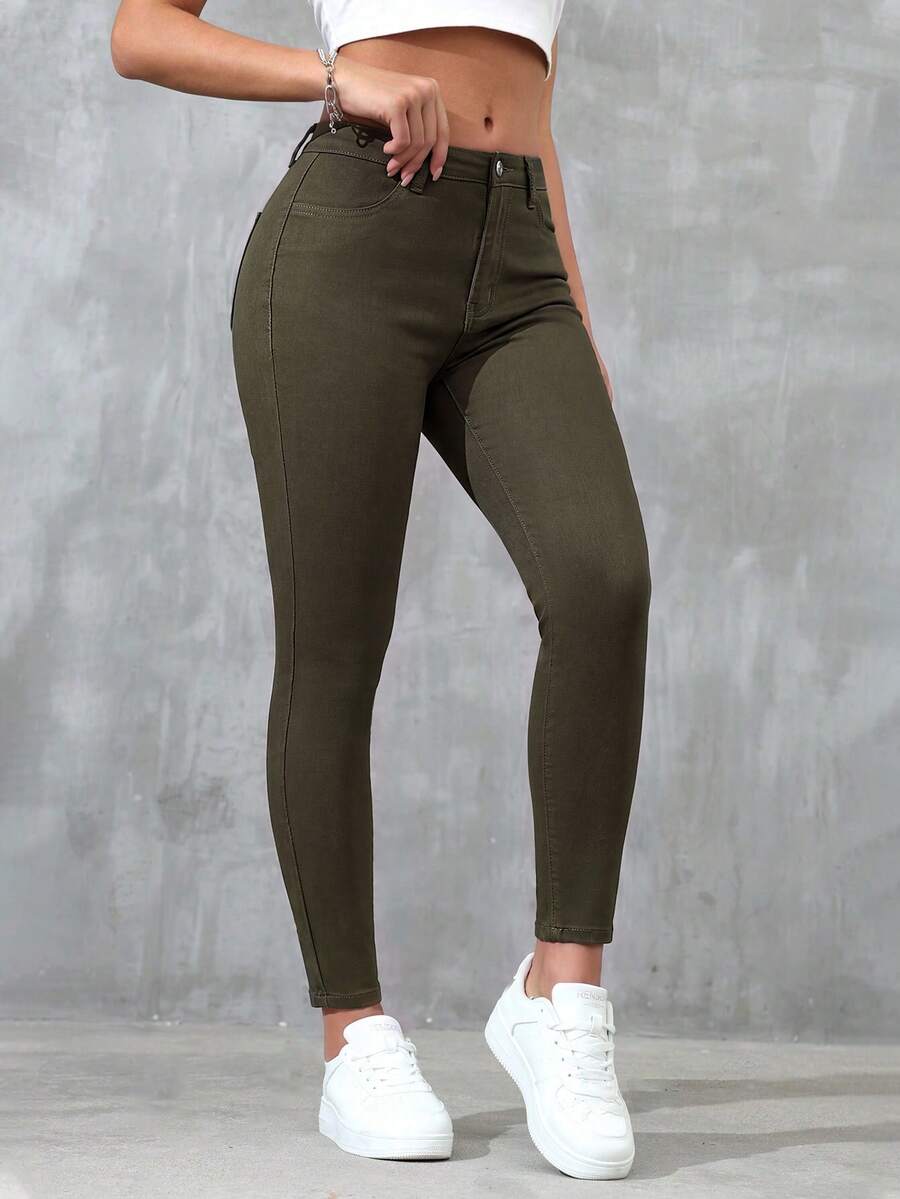SHEIN Essnce Solid Color Slant Pocket Skinny Casual Everyday Jeans - Army Green - View 1