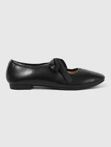 ROMWE Kawaii Brown Loafers Closed Toe Mary Jane Leather Shoes, Bow Lolita Ballet Flats For Women - Black + strap - View 5
