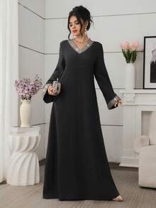Al Najma Solid Color V-Neck Loose Long Sleeve Elegant Ribbon Decor Everyday Dress - Black - View 3