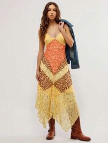 Easelle Bohemian Music Festival Spaghetti Strap Waist Cinched Floral Patchwork Asymmetric Hem Backless Dress For Women - Multicolor - View 1