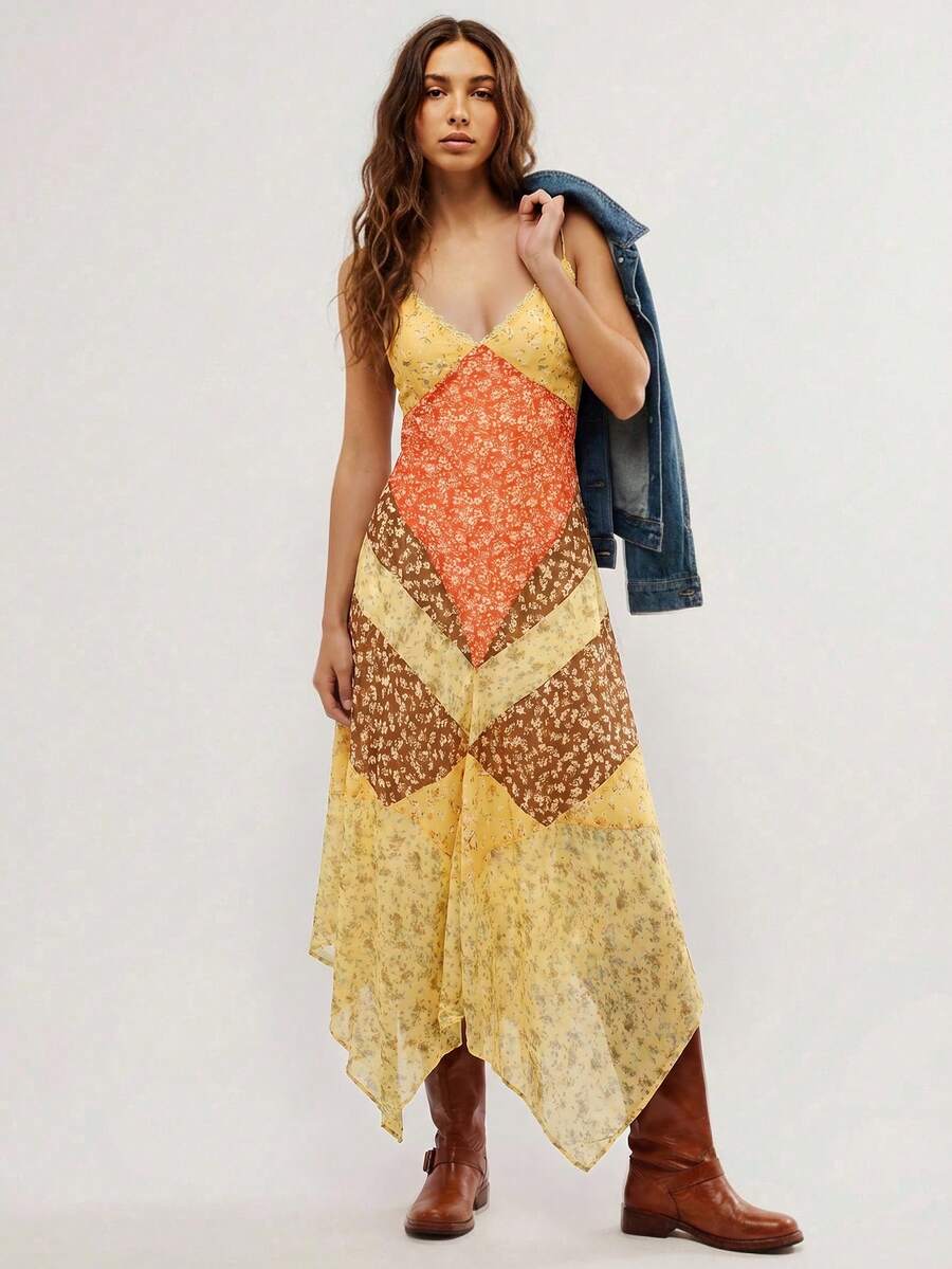 Easelle Bohemian Music Festival Spaghetti Strap Waist Cinched Floral Patchwork Asymmetric Hem Backless Dress For Women - Multicolor - View 1
