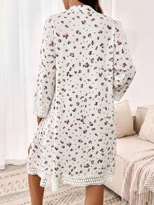 Slowluna Maternity Floral Contrast Lace Trim Robe And Nursing Dress 2 Pieces Set Fall - White - View 2