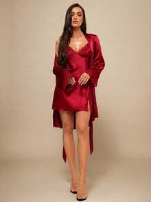 Silquee Lace Trimmed Cami Slip Dress And Belted Robe Pajama Set, Fall Winter Clothes Cozy And Elegant Details - Burgundy - View 3