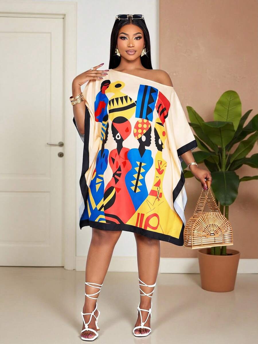 SOLERSUN Plus Size Women Beige Summer Boho Vacation Holiday Dress,Elegant Slanted Asymmetrical Off Shoulder Mid Length,Abstract Geometric Print,Wedding Guest - Apricot - View 1