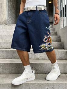 GALLERY FADE Celana Pendek Denim Biru Bordir Longgar Kasual Pria, untuk Liburan - Dark Wash - View 6