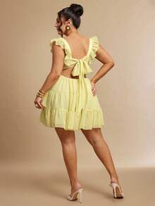 Gossip Girl X SHEIN SHEIN BAE Plus Size Women's Yellow Summer Cute Casual Sexy Multi-Layer Lace-Up Backless Mini Dress,Vacation Wedding Guest Curve,Elegant Graduation Formal - Yellow - View 3