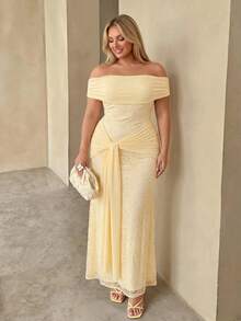 Auralis Plus Size Women Embroidered Tie-Up Ruched Bandeau Dress Festival Outfits Elegant Party Cocktail Formal Curvy Luxury Wedding Peach Summer Wedding - Yellow - View 6