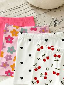 SHEIN Playful Pals 4件套女童/幼儿柔软可爱韩版简约百搭印花短裤，包含纯色、花卉、爱心、樱桃图案，轻盈弹力面料，适合春、夏、秋季日常穿着、外出及叠穿。 - 彩色 - 查看 4