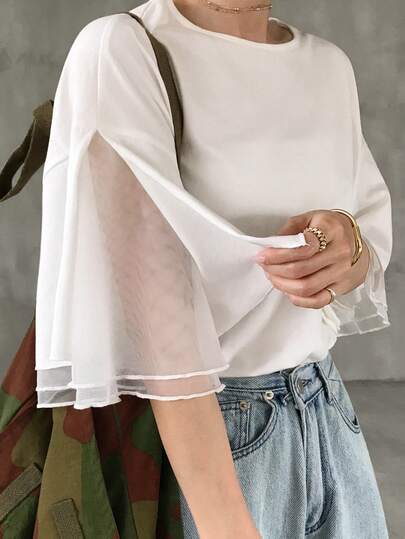 FRIFUL Women's Summer Solid Color Round Neck Short Sleeve Mesh Patchwork Sheer T-Shirt