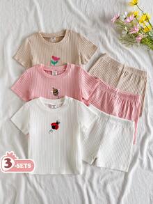 SHEIN Vintaside Kids 女童两件套夏季套装：圆领短袖可爱刺绣T恤搭配休闲短裤，适合日常休闲、郊游、露营、幼儿园、学校、聚会、旅行等场合。 - 彩色 - 查看 3