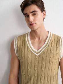 Manfinity Homme 男士撞色滚边针织背心 - 卡其色 - 查看 4