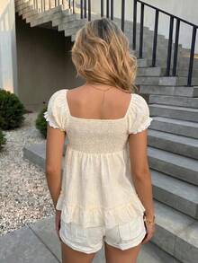 Katetique Blusa de mujer rosa con cuello en V, linda & dulce, con ribete de encaje y patchwork, manga corta, adecuada para picnic, hogar, cita, vacaciones, versátil para el verano - Rosa - Ver 2