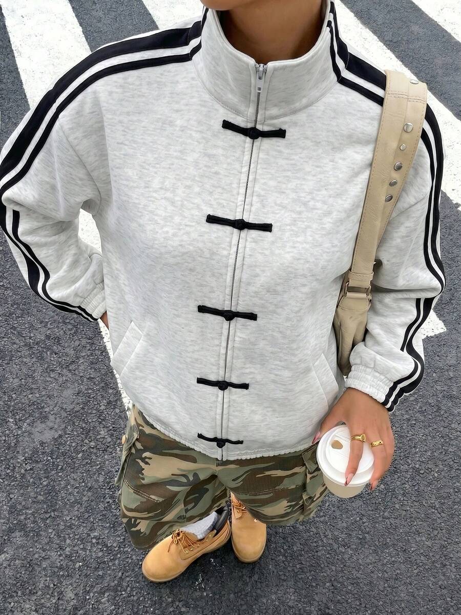 Muchica Contrast Color Light Grey Knit Cardigan For Women - Light Grey - View 1